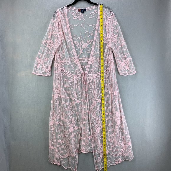 **SOLD**Indigo Poppy Duster Womens S/M Pink Boho Lace Kimono Floral Topper - Picture 7 of 12